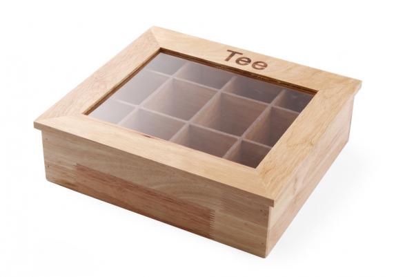 Teebox, Holz mit Sichtfenster aus Acryl, 12 Kammern